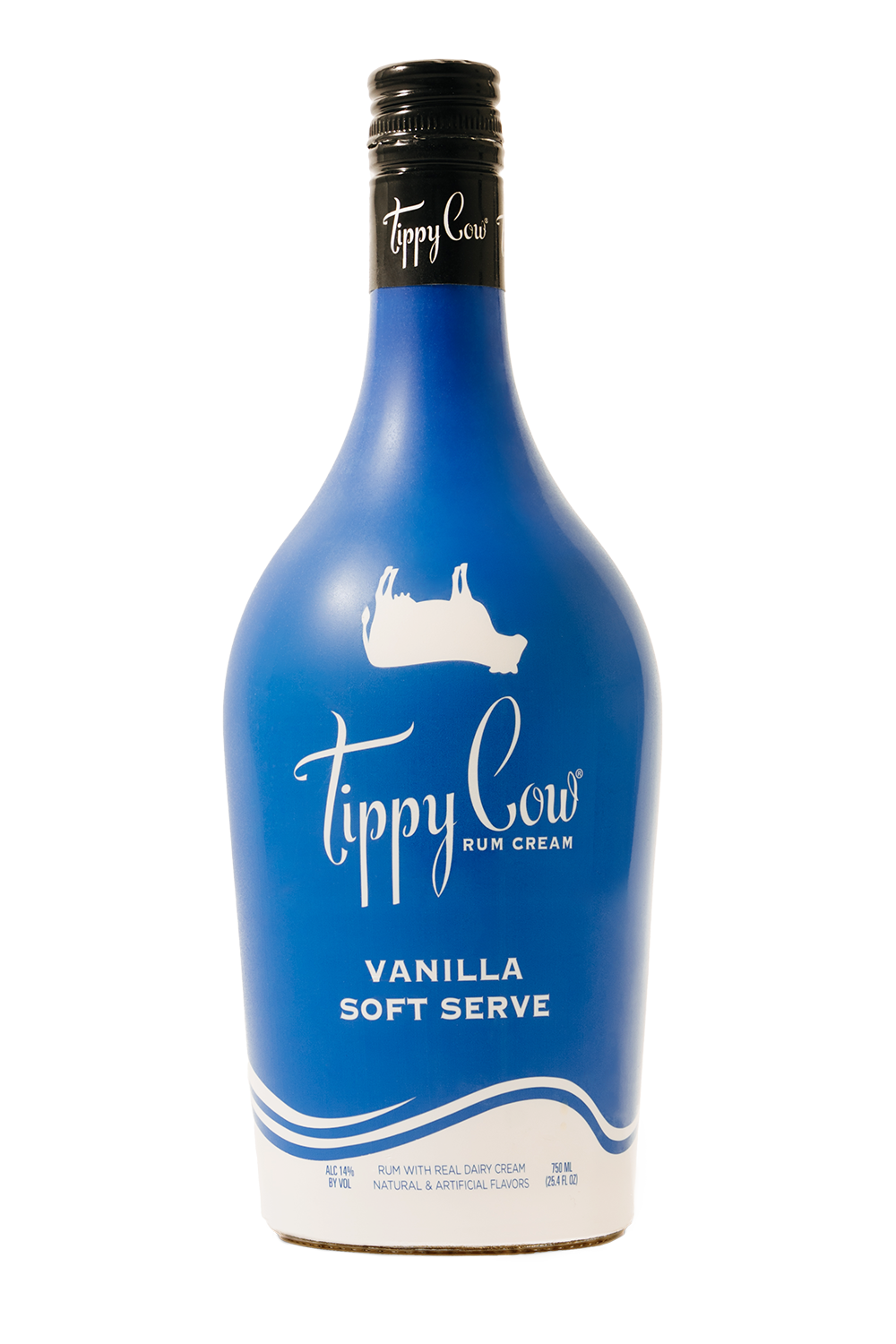 A blue bottle of Tippy Cow Vanilla Soft Serve Rum Cream with a white cow silhouette logo.