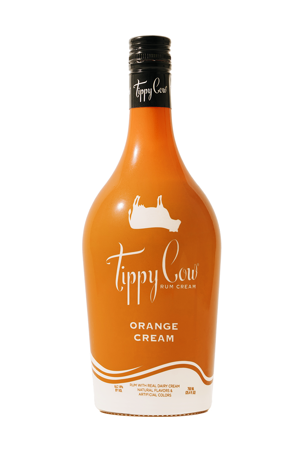 An orange bottle of Tippy Cow Orange Cream Rum Cream with a white cow silhouette logo.