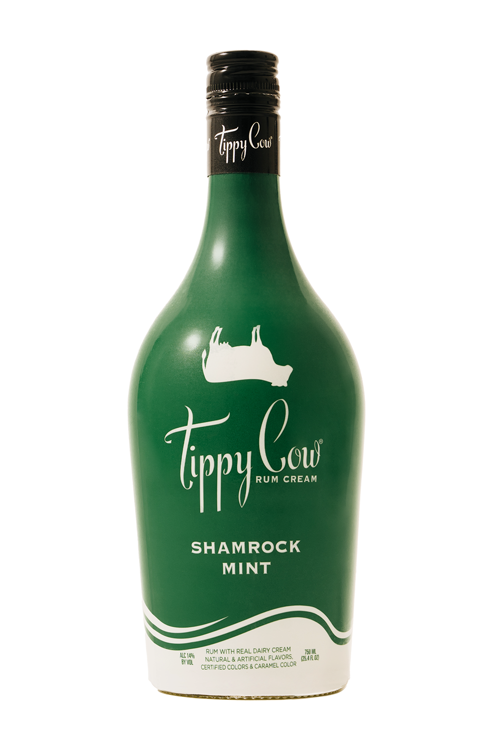 A green bottle of Tippy Cow Shamrock Mint Rum Cream with a white cow silhouette logo.