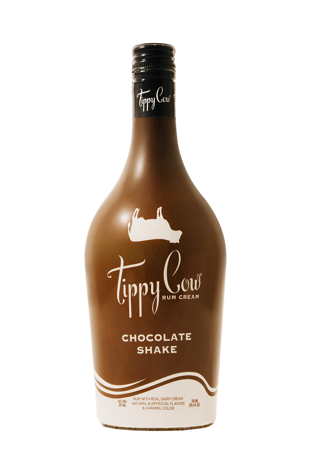 A brown bottle of Tippy Cow Chocolate Shake Rum Cream with a white cow silhouette logo.