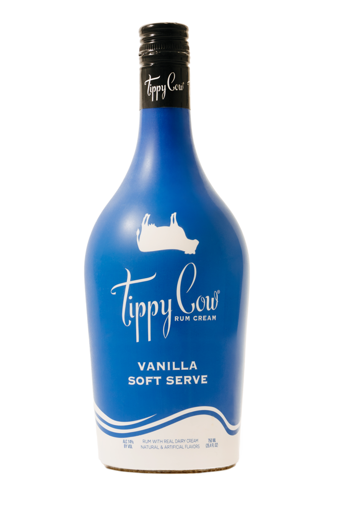 A blue bottle of Tippy Cow Vanilla Soft Serve Rum Cream with a white cow silhouette logo.