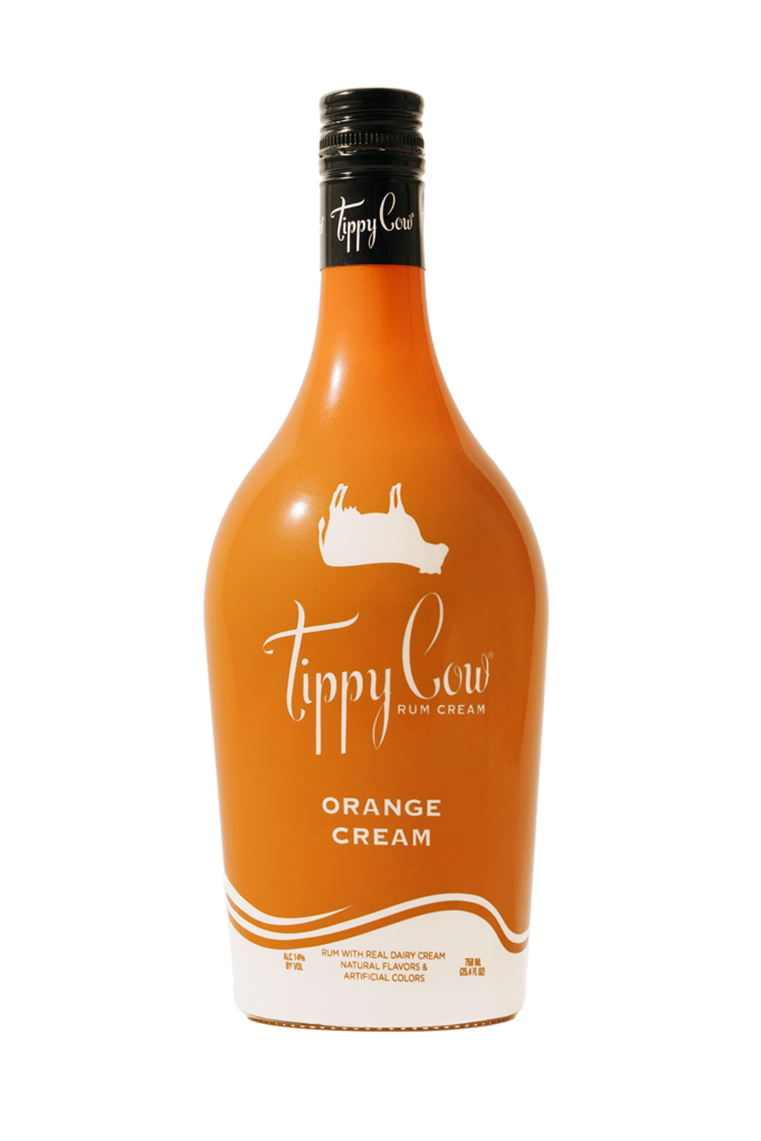 An orange bottle of Tippy Cow Orange Cream Rum Cream with a white cow silhouette logo.